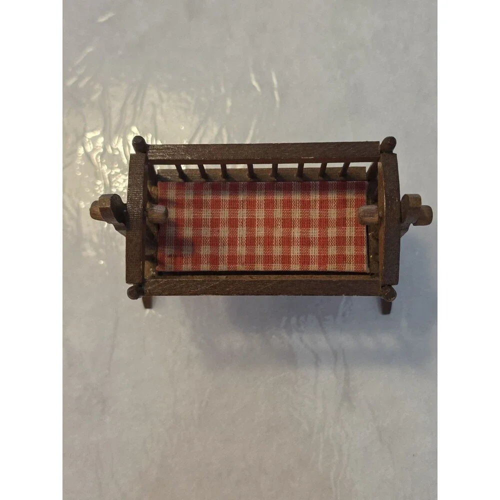 VTG Bodo Hennig Wooden Dollhouse Rocking Cradle Caco Baby & Felt Bear Nursery